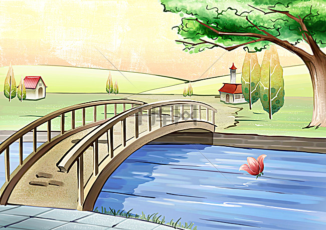 卡通画小河拱桥树木场景海报素材背景图片免费