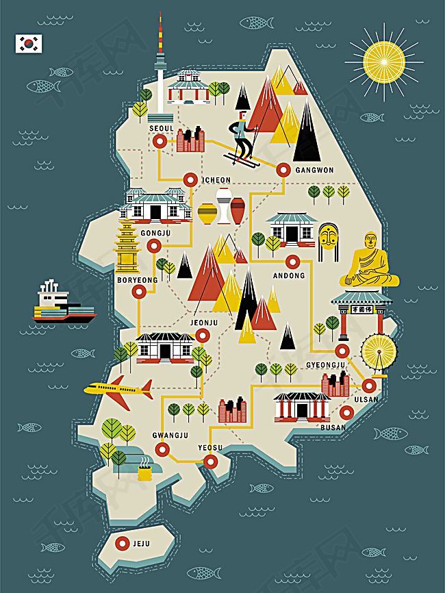 手绘矢量旅游韩国景点地图大佛首尔海报背景图