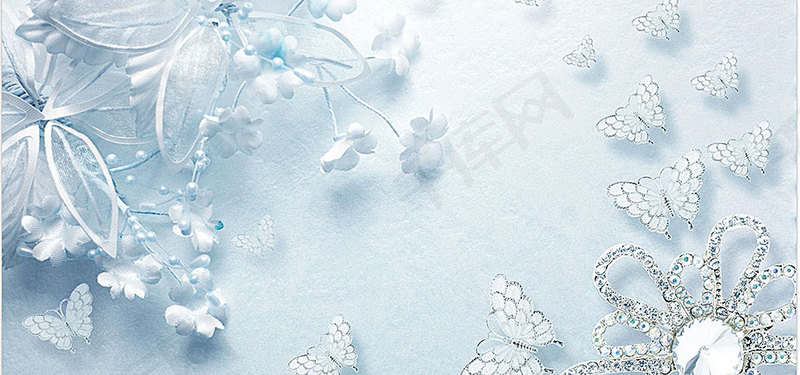清纯唯美蓝色3d透明花朵蝴蝶家居背景墙背景图片免费
