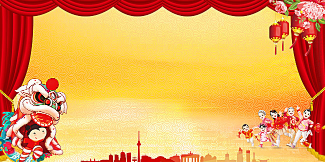红色绸缎中国风舞狮海报背景素材_平面广告图