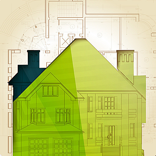 家装节绿色手绘建筑图纸主图背景图片背景素材