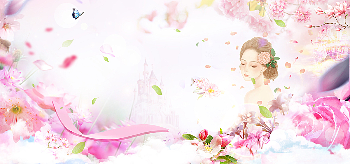 38妇女节梦幻花瓣蝴蝶天空白banner图片背景