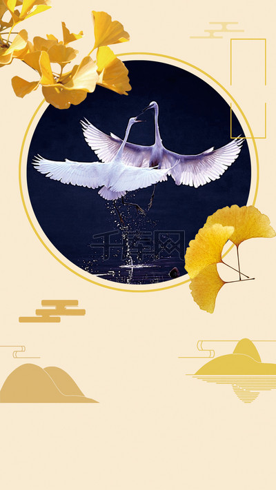 简约白鹤银杏叶PS源文件H5背景素材背景图片