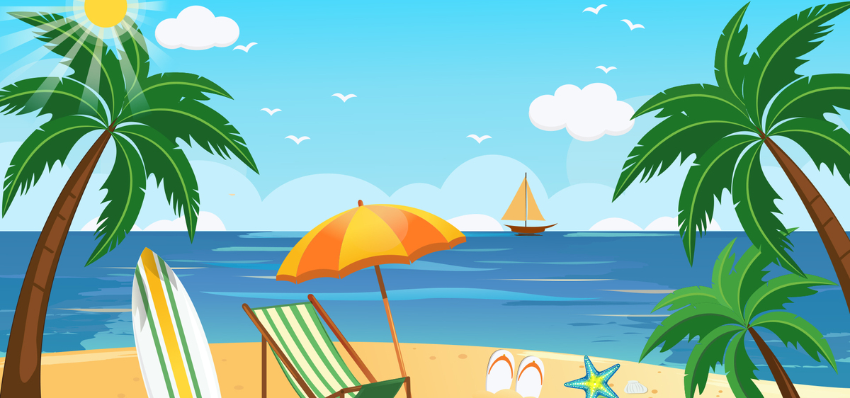 盛夏海边出游卡通童趣蓝色背景