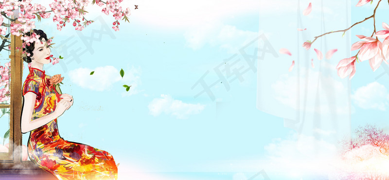 中国风旗袍少女桃花文艺蓝天白云背景