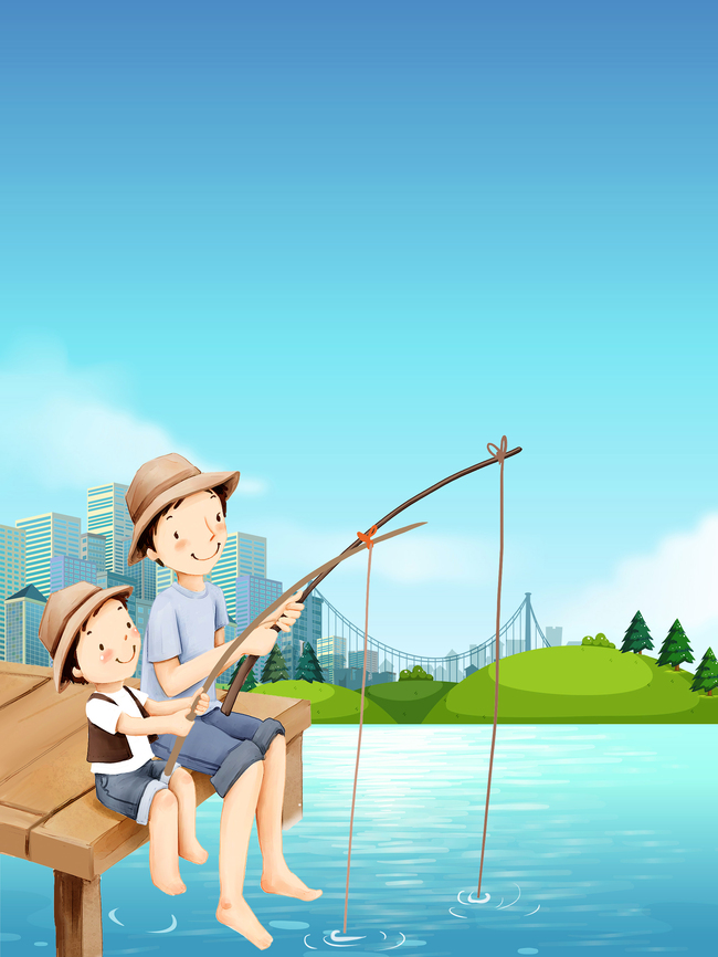 创意卡通风景父子钓鱼垂钓背景素材