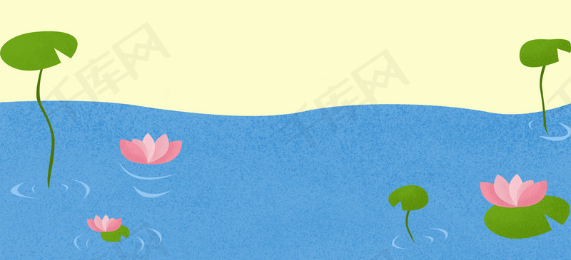 夏天夏至手绘卡通荷花池塘蓝色背景