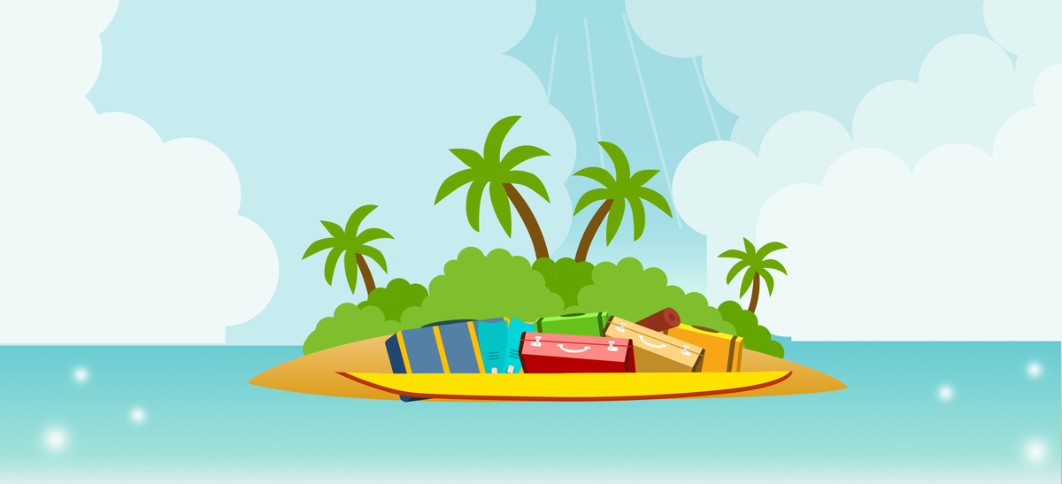 暑假海岛旅游卡通童趣扁平蓝色背景