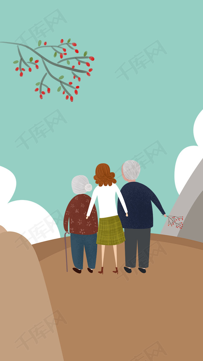 卡通手绘重阳节陪伴父母图片