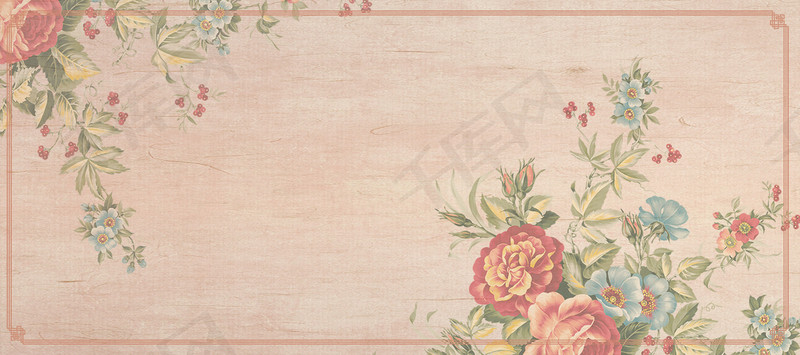 中式文艺花朵手绘复古几何banner