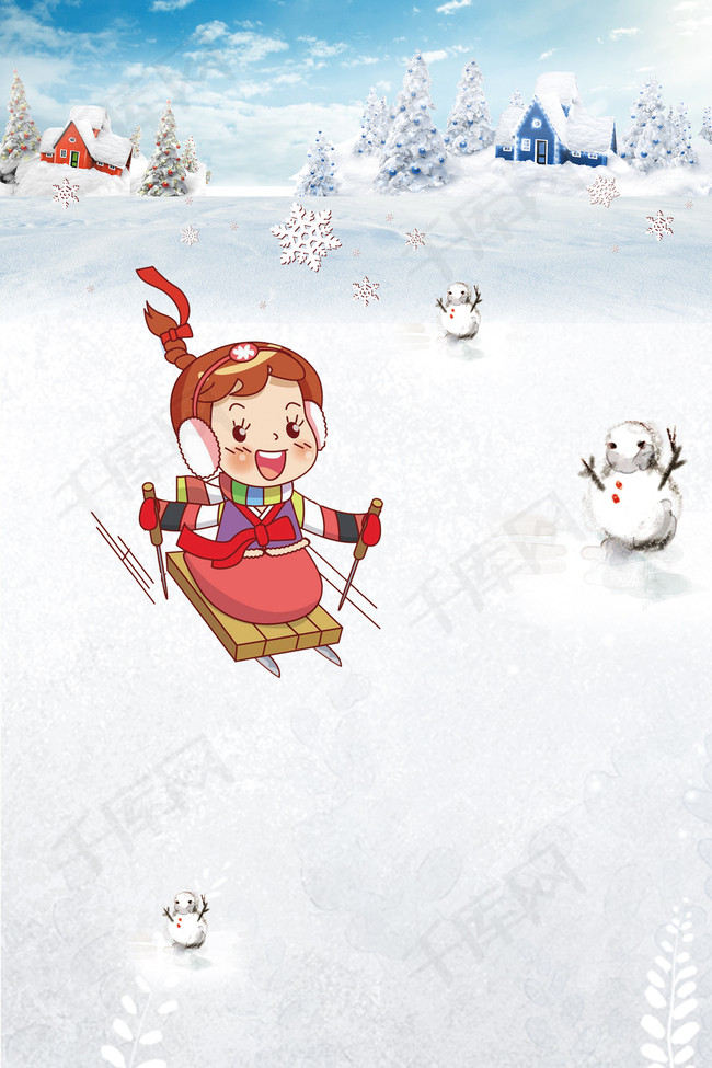 冬季滑雪简洁白色卡通女孩创意海报