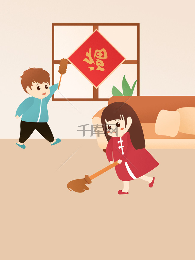 新年大扫除复古红色海报设计