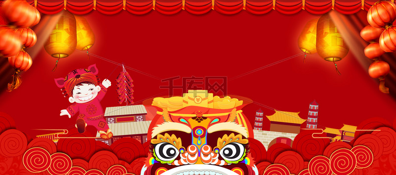 新年舞狮传统红色背景图片免费下载_海报banner/psd