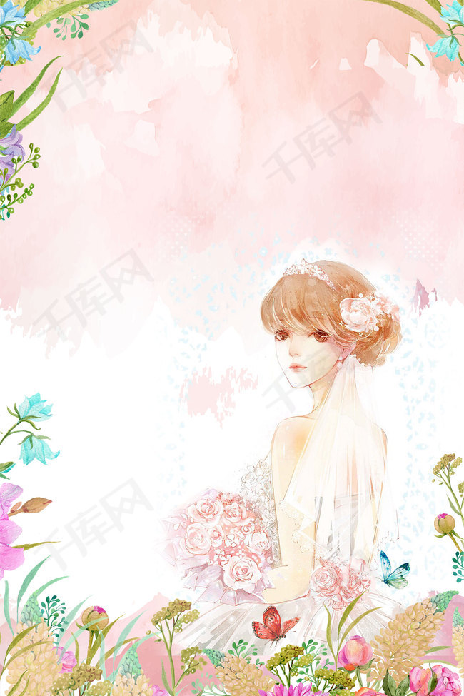 女生节粉色手绘女装上新手捧鲜花少女背景