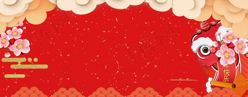卡通舞狮新年红色背景图片免费下载_海报banner/psd