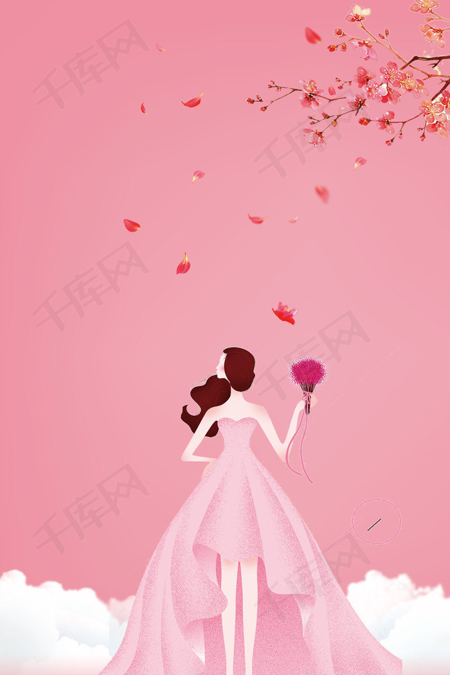粉色手绘女生节温馨甜蜜花卉人物背景