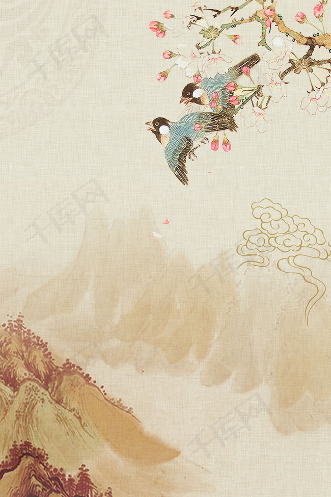 浅色中国风大气远山花卉风景海报背景