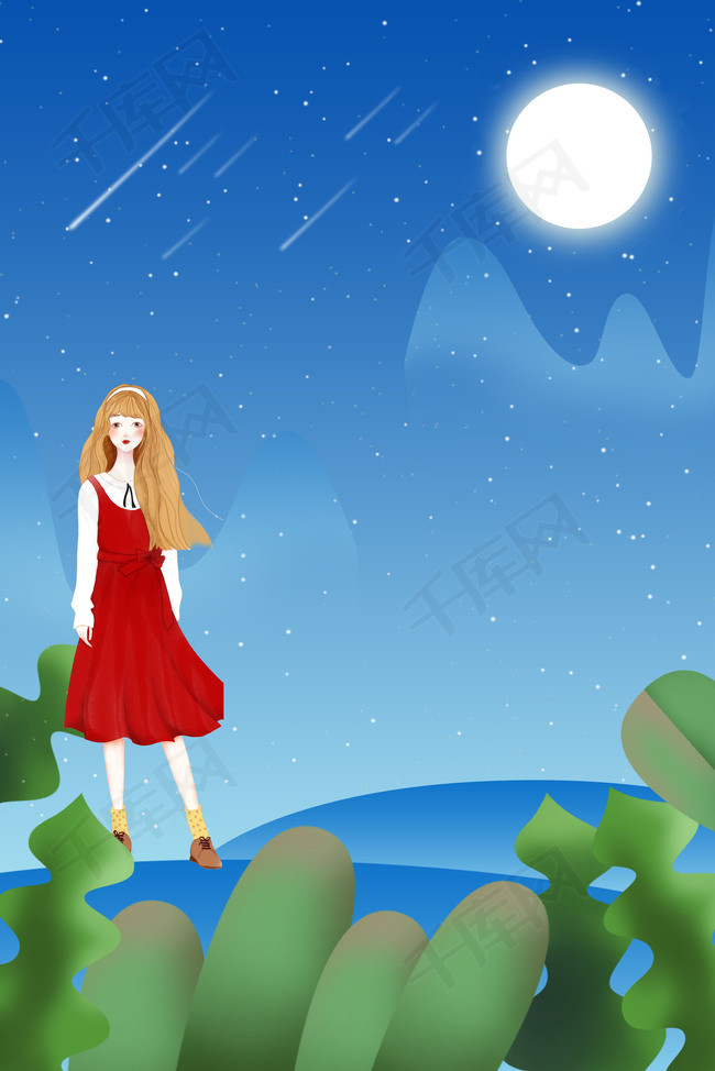 仲夏夜之梦蓝色少女星空背景