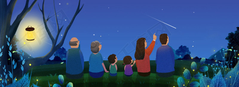蓝色仲夏之夜乘凉的一家人花草萤火虫背景