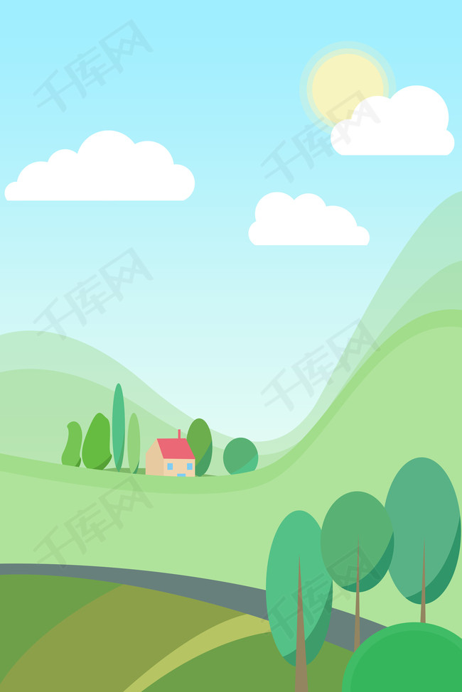 卡通扁平乡村风景背景图