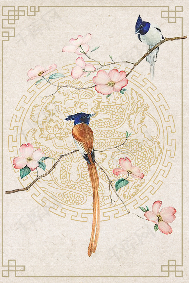 古风花鸟简约背景海报