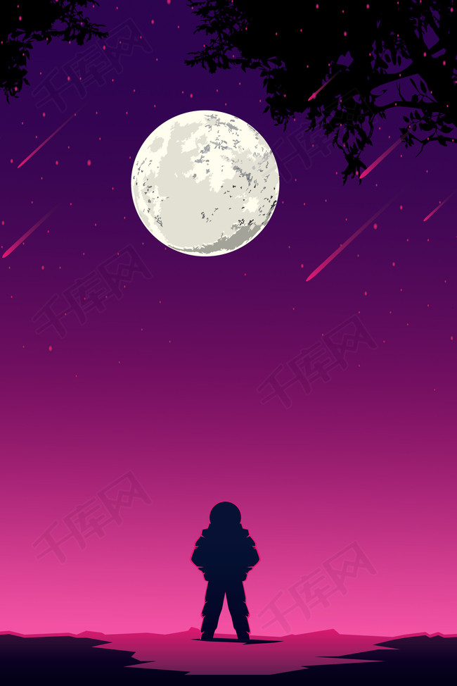 紫红色 扁平 渐变 星空 月球 广告 背景