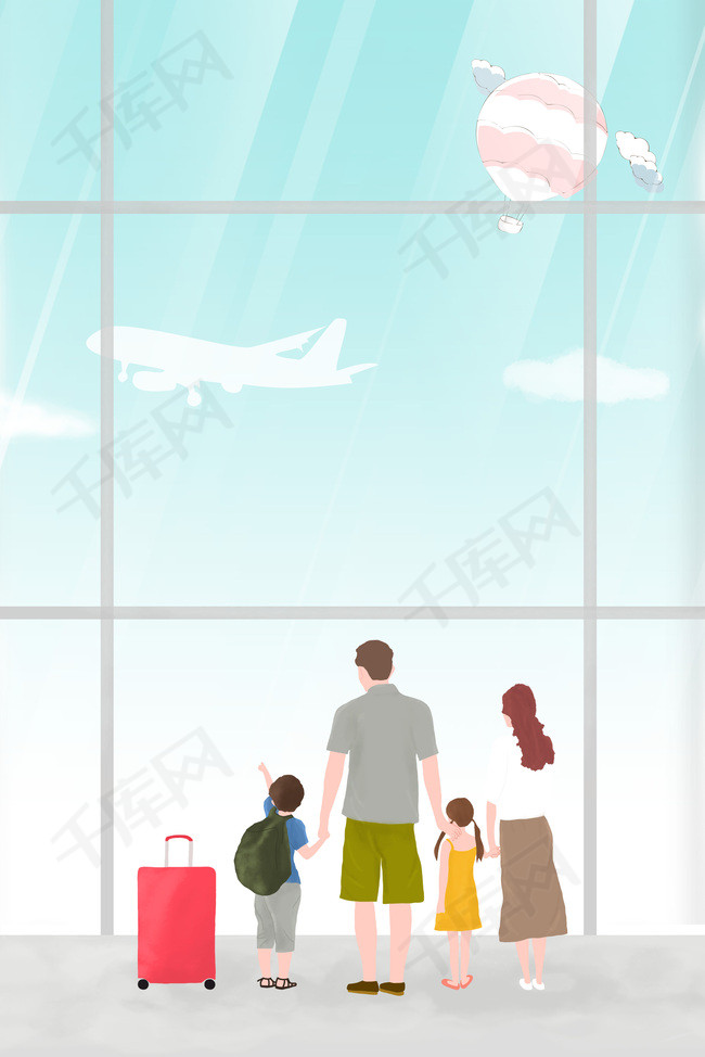 一家人机场旅行旅游坐飞机卡通背景
