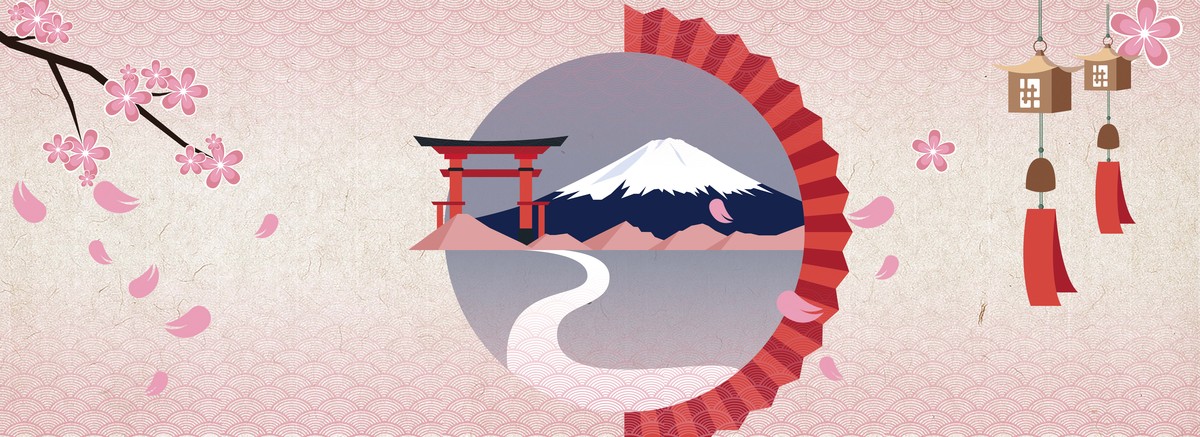 日式建筑樱花手绘和风背景