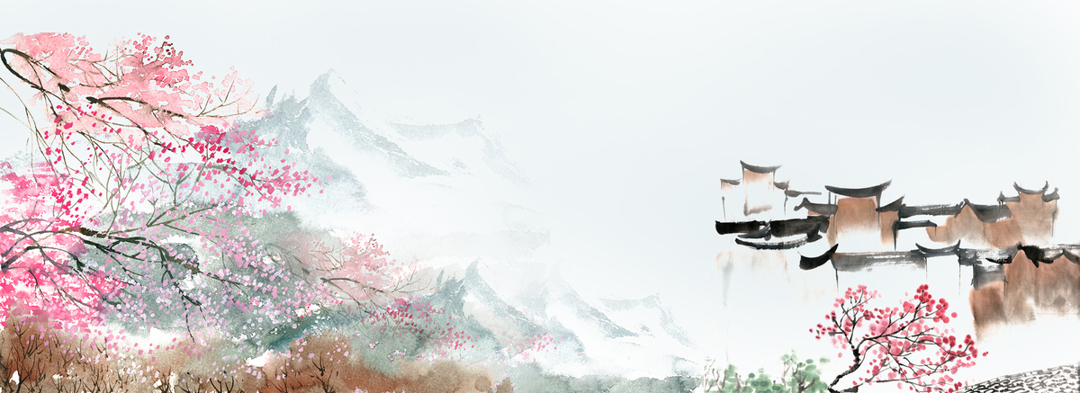 桃花盛开的山谷古村落水墨画背景