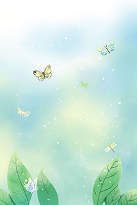花纹背景图片_绿色植物树叶蝴蝶背景