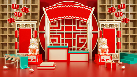 c4d中国风红色年货节古代建筑背景