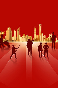 城市剪影海报背景背景图片_五一红色剪影劳动节红色城市建筑