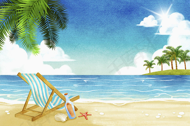 手绘夏日海滩风景平面广告