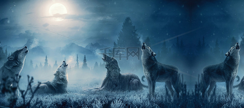 月圆之月狼嚎蓝色梦幻背景图片免费下载_海报banner\/高清大图