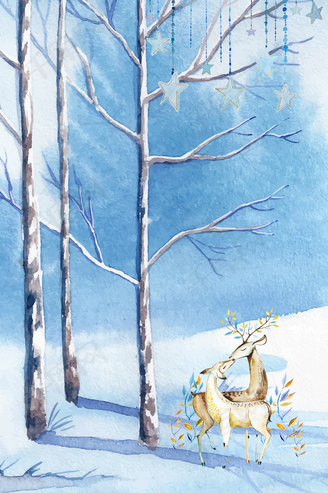 水彩风蓝色冬季雪景梅花鹿背景