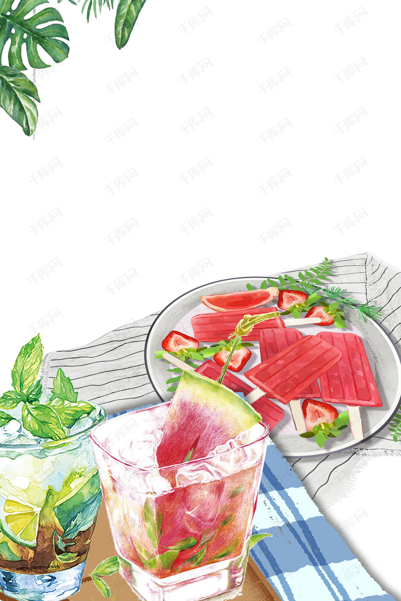 绿植西瓜冰冻水果饮料清凉背景图片免费下载_广告背景/psd_千库网