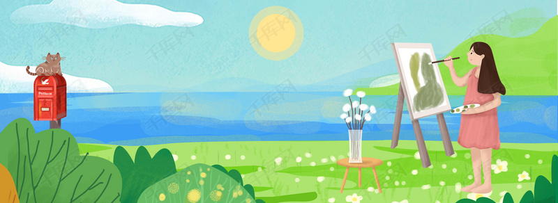 文艺女孩野外写生出行插画背景