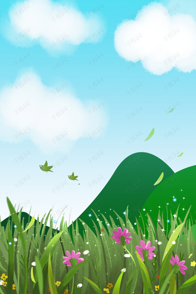 春天风景相框相片向日葵绿色背景房子蝴蝶鲜花草地