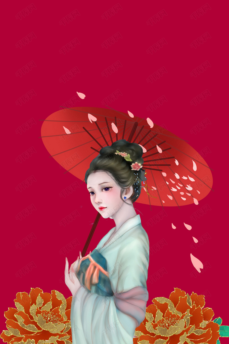 手绘红底美女h5背景