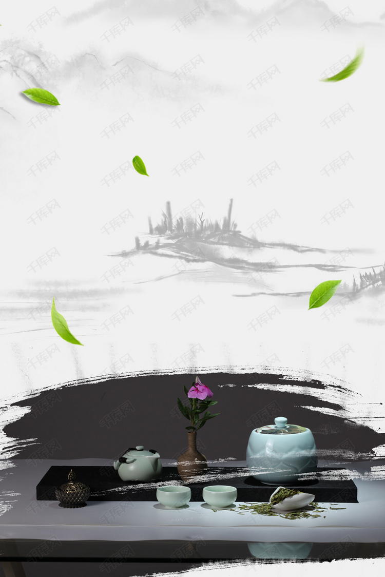 中式淡雅水墨茶文化海报背景素材