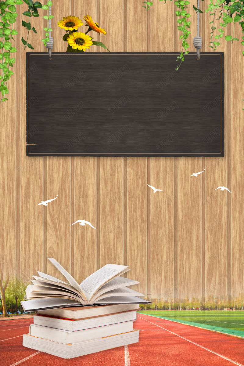 毕业季木板书籍黑板清新绿植背景