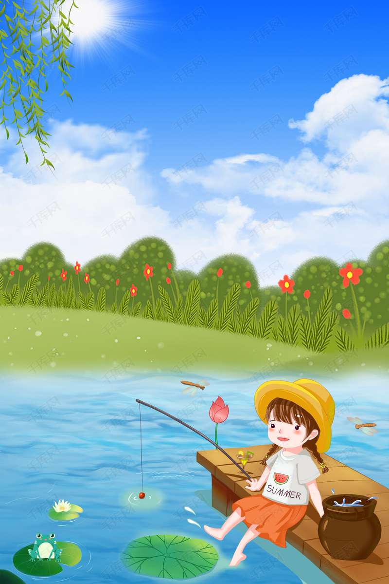 夏季河边钓鱼的小女孩