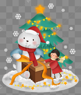 圣诞节拆礼物的小熊和女孩