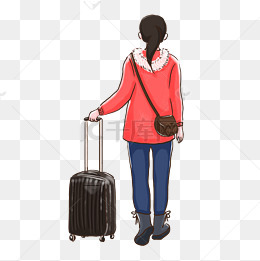 女孩拉行李箱背影手绘插画psd