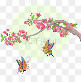 中国风水墨水彩工笔桃花戏蝶原创手绘免抠高清图