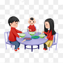 元宵节可爱卡通娃娃一家人吃汤圆吃饭团聚矢量图