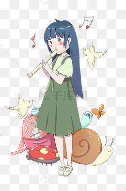 吹笛子女生手绘插画