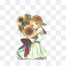 抱着向日葵的动漫女孩
