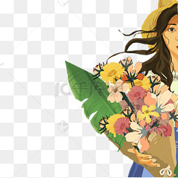 拿着一束花的长发美女半边脸免抠图