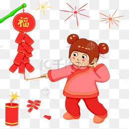 新年小女孩放鞭炮手绘插画